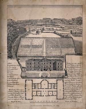 view Gloucester Infirmary, England: with floor plan and printed text. Wood engraving.