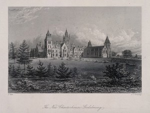 view Charterhouse Schools, Godalming, Surrey. Etching by J.C. Armytage, after, J. Carr.