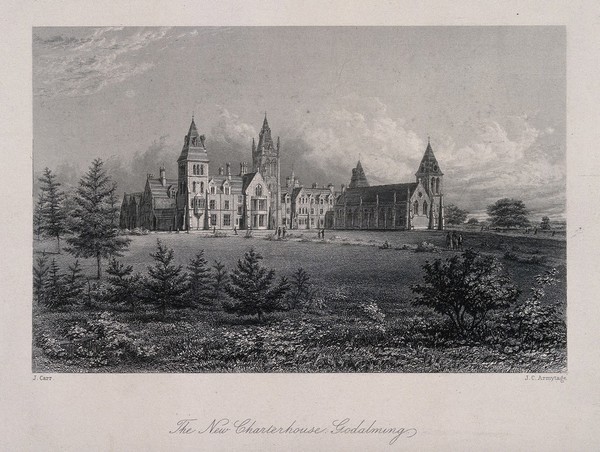 Charterhouse Schools, Godalming, Surrey. Etching by J.C. Armytage, after, J. Carr.