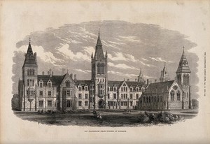 view Charterhouse Schools, Godalming, Surrey. Wood engraving by Butlin, 1872, after F.W.