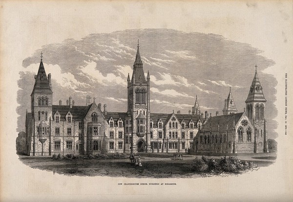 Charterhouse Schools, Godalming, Surrey. Wood engraving by Butlin, 1872, after F.W.