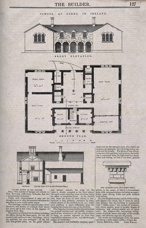 view Gorey School, Ireland: ground plans and architectural details with printed text. Wood engraving by C.D. Laing, 1844.