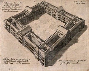 view Royal Hospital for Sick and Wounded Seamen, Gosport, Hampshire: bird's-eye view. Line engraving, 1751.