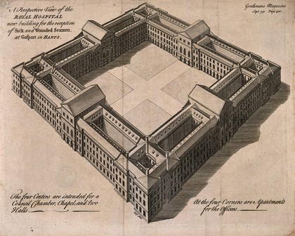 Royal Hospital for Sick and Wounded Seamen, Gosport, Hampshire: bird's-eye view. Line engraving, 1751.