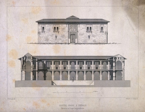 The Arab Hospital, Granada, Spain. Steel engraving by Ribault and J. Sulpis after F. Enríquez y Ferrer.