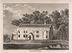 view Greatham Hospital, Durham. Line engraving by S. Sparrow, 1785.