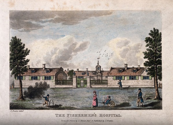 The Fishermen's Hospital, Yarmouth, Norfolk. Coloured aquatint after J. Preston.