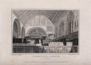 view Yarmouth Church, Great Yarmouth, Norfolk, England: interior. Line engraving by R. Sands, 1824, after J.P. Neale.