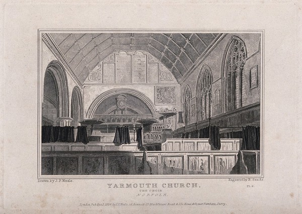 Yarmouth Church, Great Yarmouth, Norfolk, England: interior. Line engraving by R. Sands, 1824, after J.P. Neale.