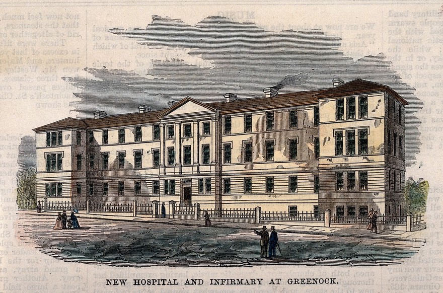 New Hospital and Infirmary, Greenock, Renfrew, Scotland. Coloured wood engraving, 1869.