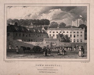 view Town Hospital, Guernseey, Channel Islands: parade coming from the hospital. Lithograph by C. Haghe after De Garris.