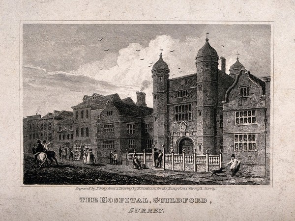 Abbot's Hospital, Guildford, Surrey. Line engraving by J. Greig, 1819, after H. Gastineau.