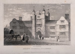 view Abbots Hospital, Guildford, Surrey. Line engraving by H. Lacey.