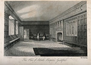 view Abbot's Hospital, Guildford, Surrey: the hall interior. Etching by M.J. Starling after J.R. Thompson.