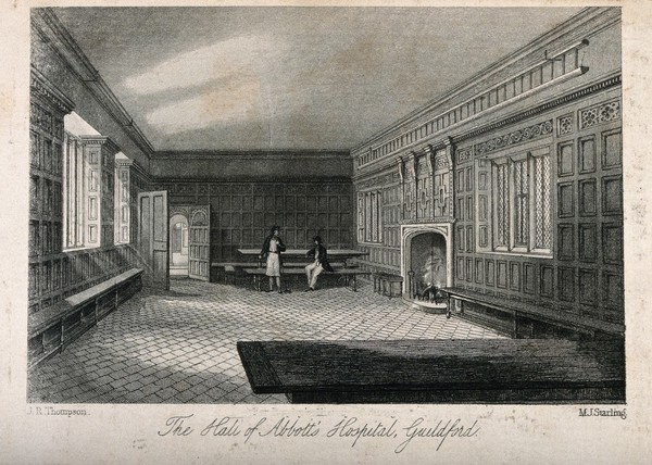 Abbot's Hospital, Guildford, Surrey: the hall interior. Etching by M.J. Starling after J.R. Thompson.