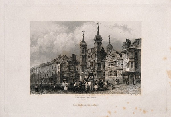 Abbot's Hospital, Guildford, Surrey. Line engraving by Shury & Son, 1840, after G.S. Shepherd.