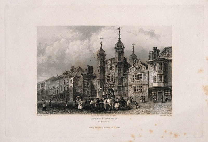 Abbot's Hospital, Guildford, Surrey. Line engraving by Shury & Son, 1840, after G.S. Shepherd., 1 September 1840, by George Shepherd