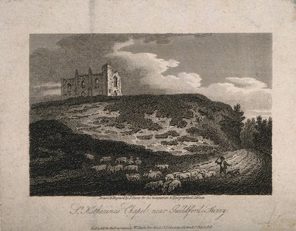 St. Catherine's Chapel, Artington, Surrey: sheep being herded past the ruins. Line engraving by J. Storer, 1808, after himself.