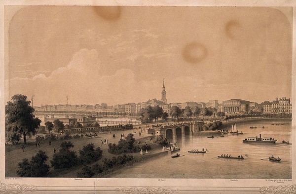 Hamburg, Germany: panoramic view. Tinted lithograph by W. Heuer.