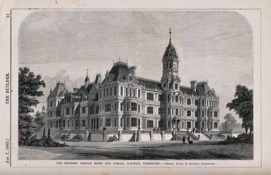 Crossley Orphan Home and School, Halifax, Yorkshire. Wood engraving by Walmsley, 1865, after W.G. Smith after Paull & Ayliffe.