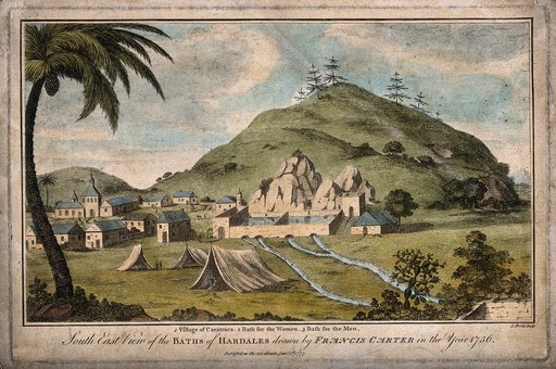 The Baths, Hardales, Caratasca(?), Honduras(?): with numbered key. Coloured etching by S. Howitt, 1777, after F. Carter, 1756.