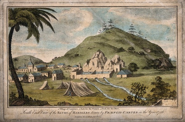 The baths, Ardales, Carratraca, Spain; with numbered key. Coloured etching by S. Howitt, 1777, after F. Carter, 1756.