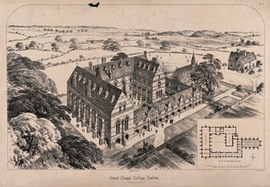 view St. Mary's College, Harlow, Essex: bird's-eye view and scale plan. Transfer lithograph by J.R. Jobbins, 1862, after R.J. Withers.
