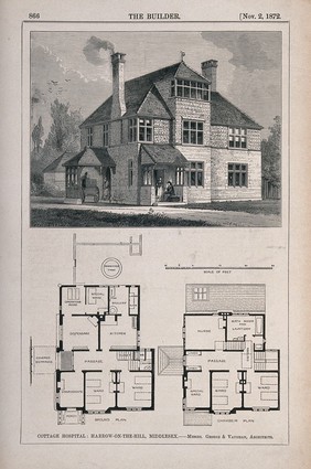 Cottage Hospital, Harrow-on-the-Hill, Middlesex: with floor plan. Wood engraving by D.R. Warral, 1872, after C.L. Bramley after George & Vaughan.