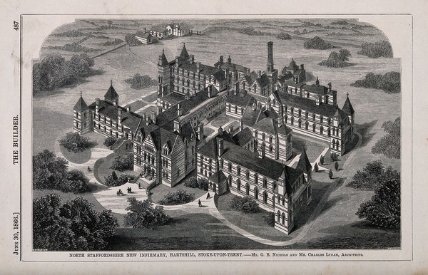 North Staffordshire New Infirmary, Hartshill, Stoke-upon-Trent. Wood engraving by W.E. Hodgkin, 1866, after B. Sly after G.B. Nicholls and C. Lynam.