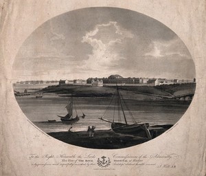 view The Royal Hospital, Haslar, Hampshire: from the harbour. Aquatint by J. Wells, 1799, after J. Hall.