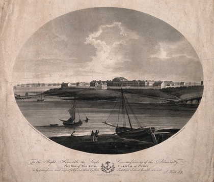 The Royal Hospital, Haslar, Hampshire: from the harbour. Aquatint by J. Wells, 1799, after J. Hall.