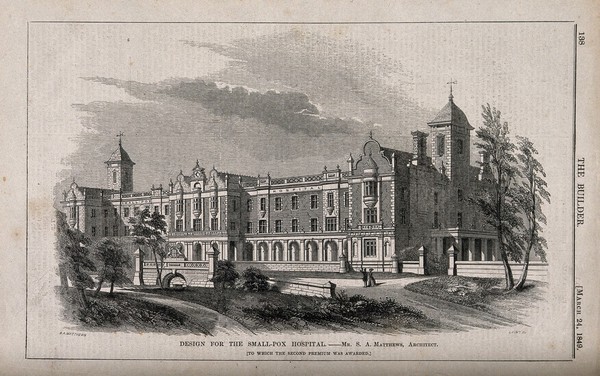 The Smallpox Hospital, Highgate, Middlesex: design drawing. Wood engraving by Laing, 1849, after S.A. Matthews.