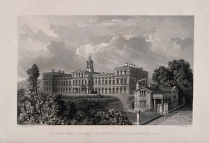 view The Smallpox and Vaccination Hospital, Highgate, Middlesex. Line engraving by C. Simms after S.W. Daukes, 1848.