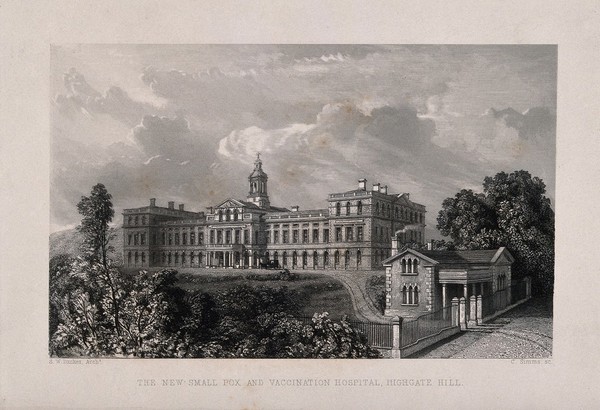 The Smallpox and Vaccination Hospital, Highgate, Middlesex. Line engraving by C. Simms after S.W. Daukes, 1848.