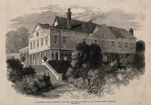 view Lauderdale House, Highgate, Middlesex: convalescent home of St. Bartholomew's Hospital. Wood engraving, 1872.