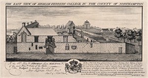 view Higham-Ferrers College, Northampton, England. Etching by S. & N. Buck, 1729.