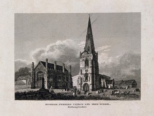 view Higham Ferrers Church and Free-School, Northamptonshire, England. Line engraving.