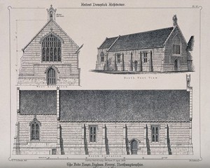 view Bede House, Higham Ferrers, Northamptonshire: architectural details. Transfer lithograph by J.R. Jobbins, 1858, after F.T. Dollman.