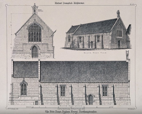 Bede House, Higham Ferrers, Northamptonshire: architectural details. Transfer lithograph by J.R. Jobbins, 1858, after F.T. Dollman.