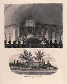 Chapel Great Ilford, Leper Hospital, Essex: interior of chapel. Line engraving by W. Wise, 1816, after R.B. Schnebbelie.