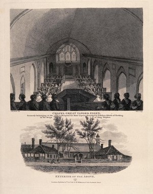 view Chapel Great Ilford, Leper Hospital, Essex: interior of chapel. Line engraving by W. Wise, 1816, after R.B. Schnebbelie.