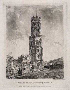 Irtlingborough College, Northamptonshire, England: remains. Etching by J. Schnebbelie, 1791, after himself.