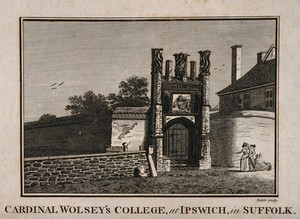 view Cardinal Wolsey's College, Ipswich, Suffolk. Line engraving by G. Noble.