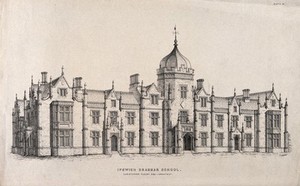 view Grammar School, Ipswich, Suffolk. Transfer lithograph by C. Bagster after C. Fleury.