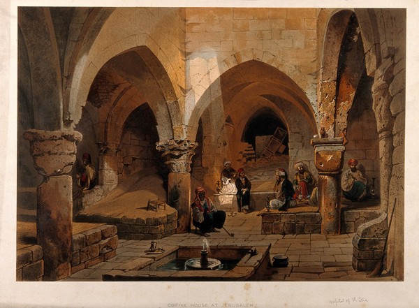 Jerusalem: a coffee-house. Coloured lithograph by C.F.H. Werner, 1868.