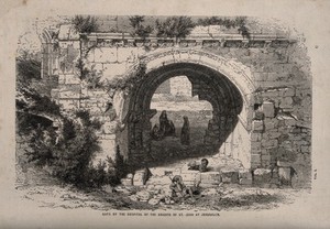 view The Hospital of the Knights of St. John, Jerusalem: children playing at the gate. Wood engraving.