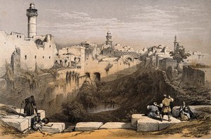 view The Pool of Bethesda, Jerusalem, Israel. Coloured lithograph.