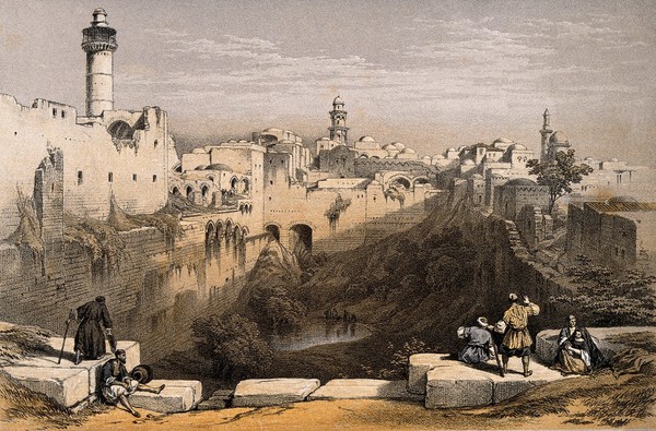 The Pool of Bethesda, Jerusalem, Israel. Coloured lithograph.