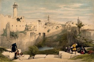 view The Pool of Bethesda, Jerusalem, Israel. Coloured lithograph by D. Roberts, 1839.