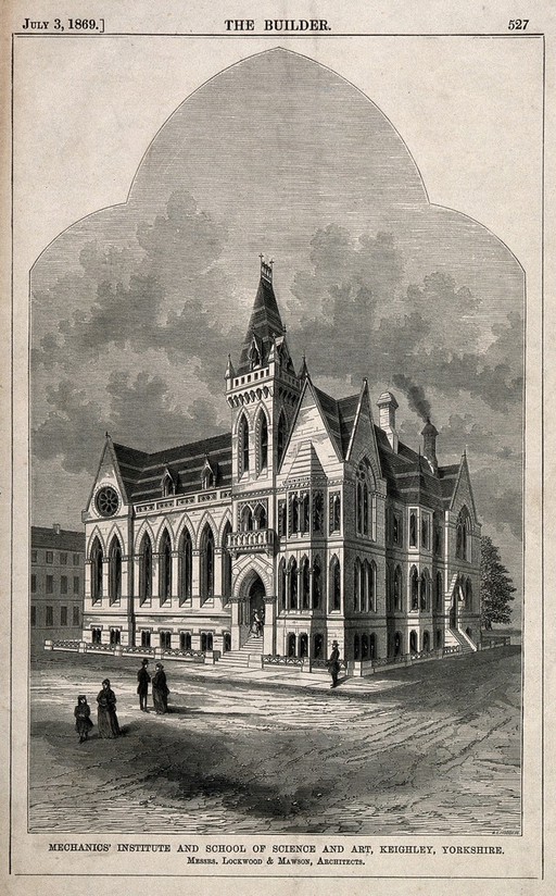 The Mechanics' Institute and School of Science and Art, Keighley, Yorkshire. Wood engraving by W.E. Hodgkin after Lockwood and Mawson.
